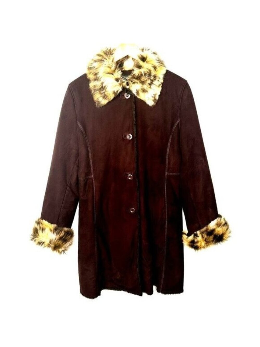 Vintage Novelti Mobwife Coat Womens S Brown Y2K Faux Suede Leopard Fur Trim - Picture 2 of 14
